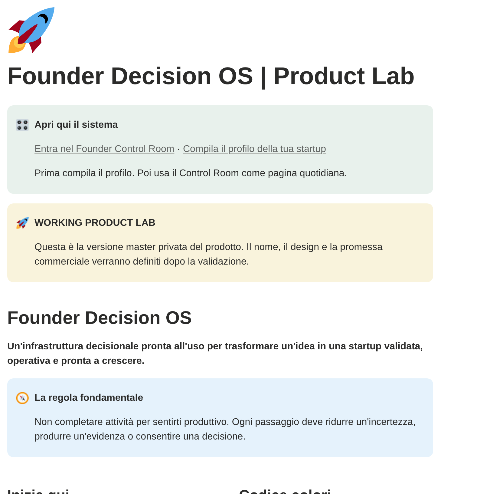 Dashboard principale di Founder OS in Notion